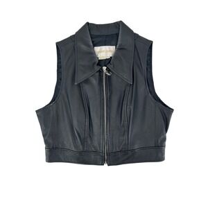 Margaret Godfrey Black Leather Cropped Vest Zip Up Sleeveless